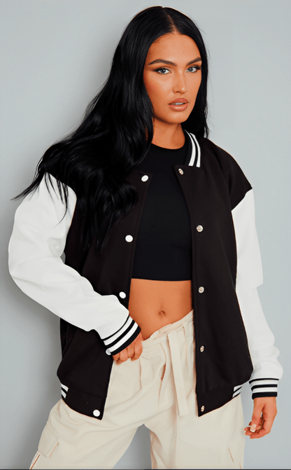 Classic Women's Black Varsity Leather Bomber Jacket