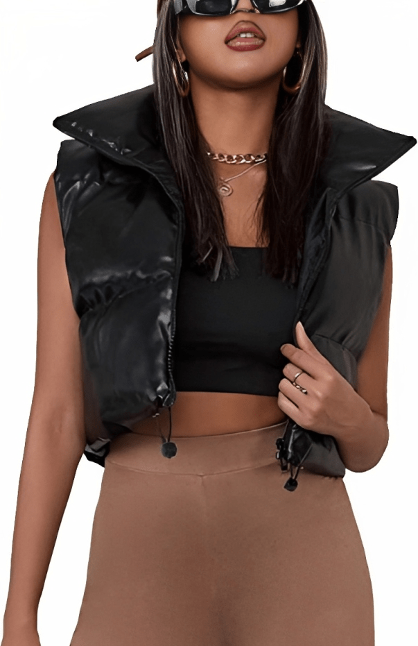 Women Black Cropped Puffer Leather Vest