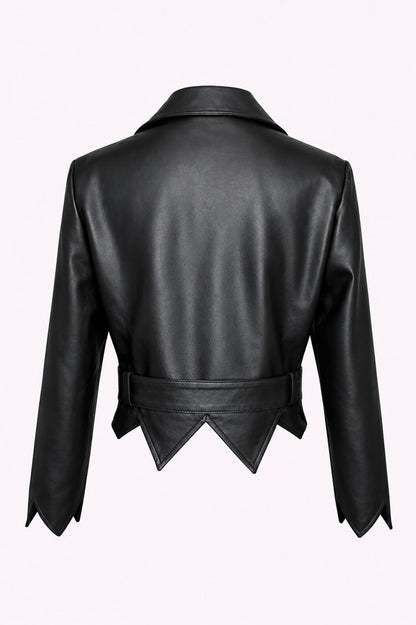 Women Black Genuine Leather Belted Biker Jacket