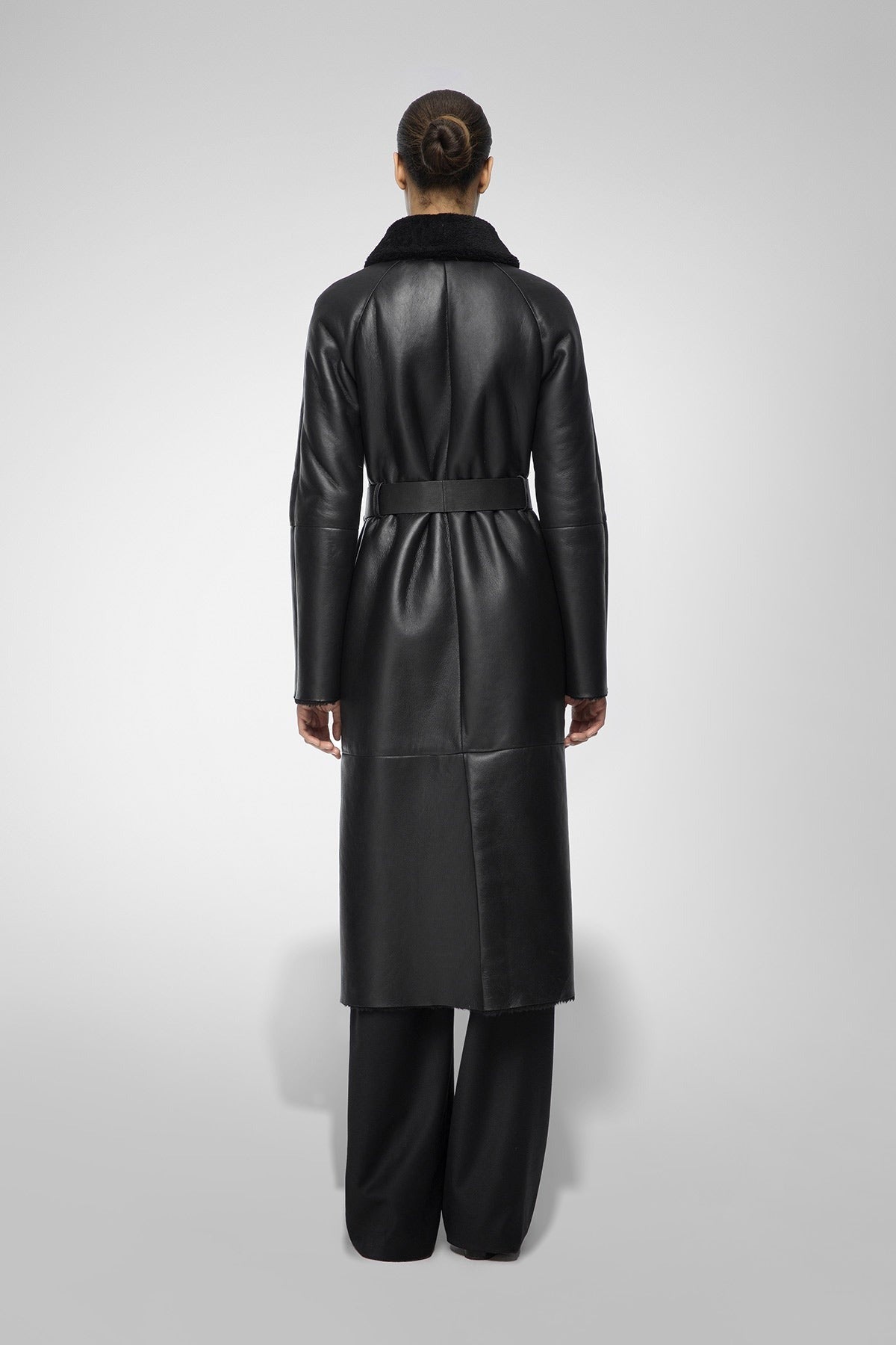 Women Black Leather Shearling Coat