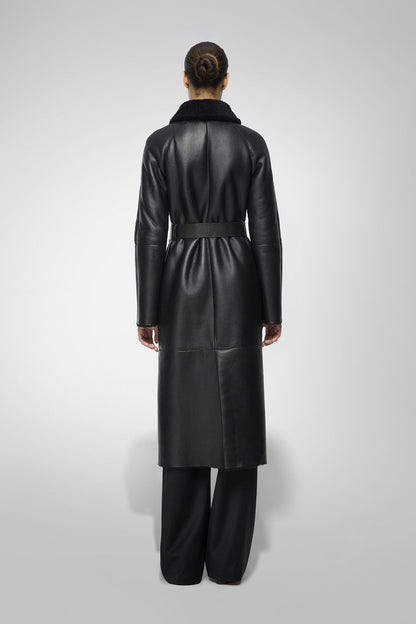 Women Black Leather Shearling Coat