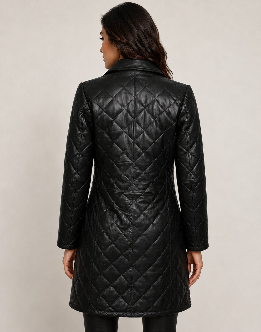 Classic Women Black Quilted Real Leather Car Coat