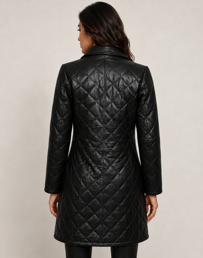 Classic Women Black Quilted Real Leather Car Coat