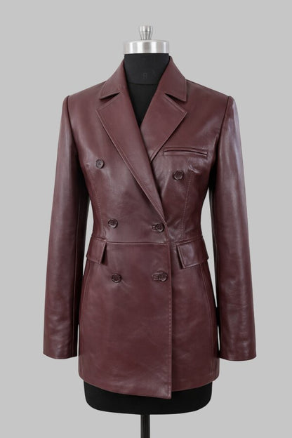 Women Burgundy Genuine Leather Double Breasted Blazer