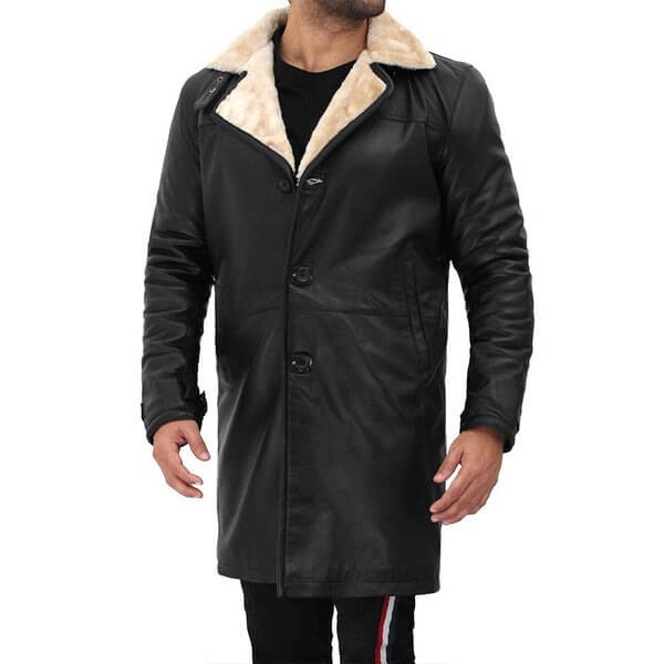  Luxury Beige Shearling Black Leather Coat for Men