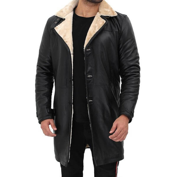  Luxury Beige Shearling Black Leather Coat for Men