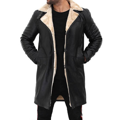  Luxury Beige Shearling Black Leather Coat for Men