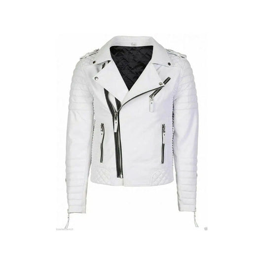 White Leather Biker Jacket Mens Double Breast Style