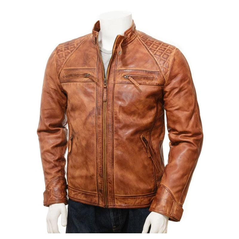 Men's Tan Leather Biker Jacket