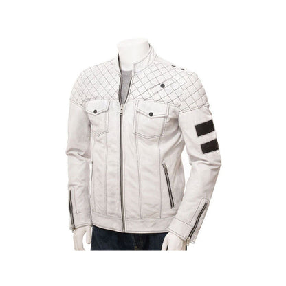 Men's White Leather Biker Jacket 