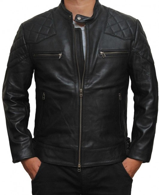 Mens BECKHAM Black Quilted Retro Biker Jacket