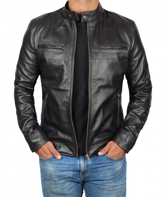 Mens Black Lambskin Biker Style Leather Jacket