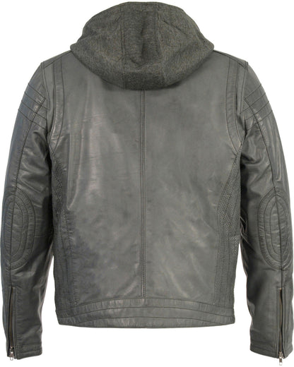 Men's Zipper Front Leather Jacket w/ Removable Hood