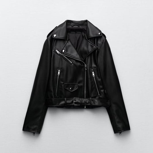 Women's Stylish Black Sheepskin Shearling Motorcycle Leather Jacket