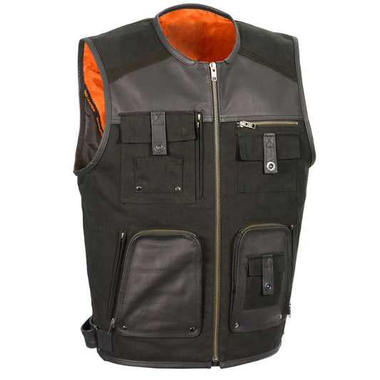 Men's Leather & Canvas Zipper Front Super Utility Multi-Pocket Vest