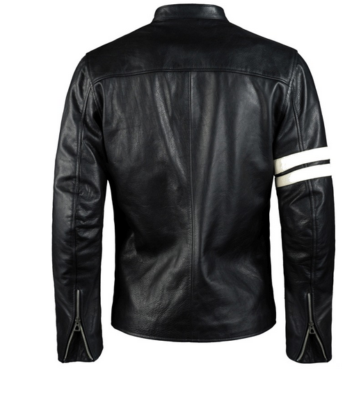 Men's Black Leather Biker Jacket With White Stripes