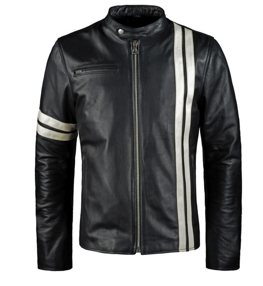 Men's Black Leather Biker Jacket With White Stripes