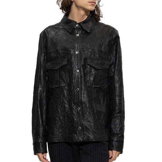 Black Creased Lambskin Leather Men's Shirt