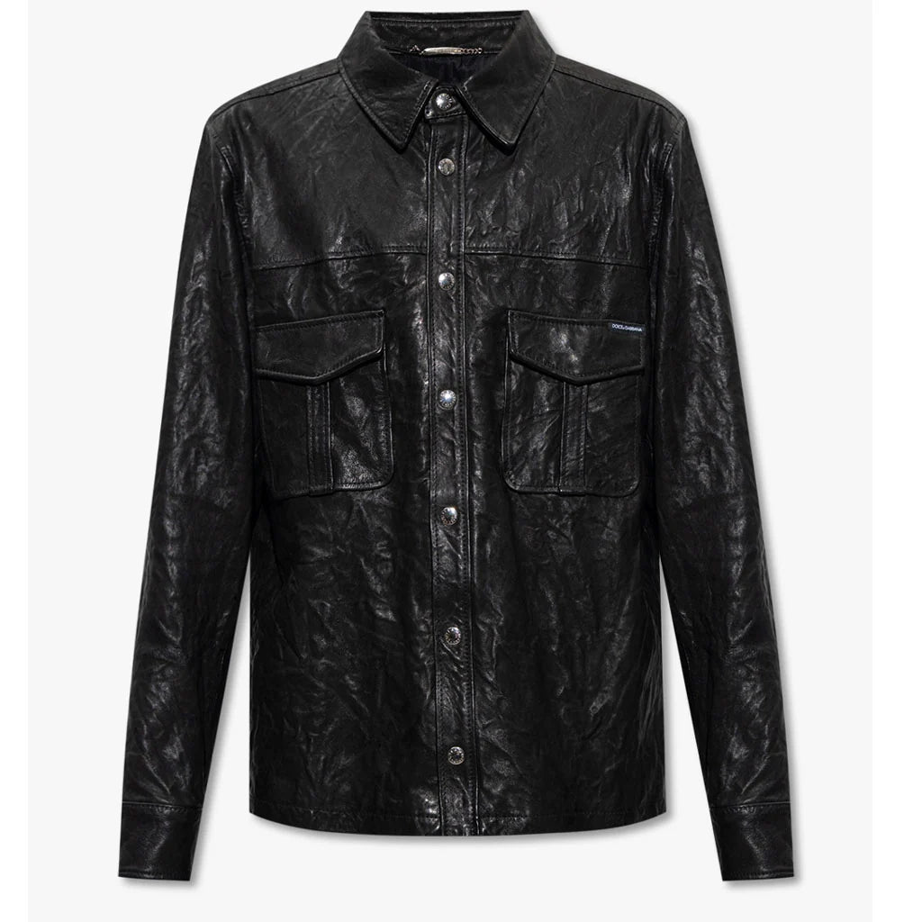 Black Creased Lambskin Leather Men's Shirt