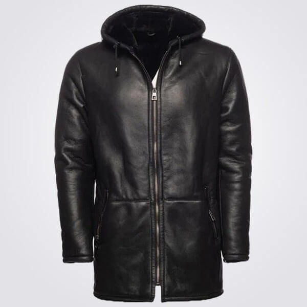 Stylish Black Hooded Shearling Coat for Men