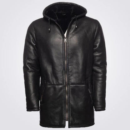 Stylish Black Hooded Shearling Coat for Men