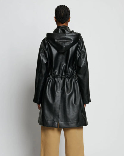 Women's Black Hooded Sheepskin Leather Trench Duster Coat