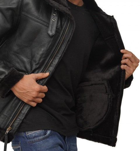  Classic Black Leather B3 Bomber Jacket for Men