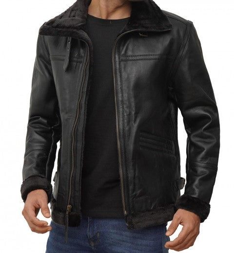  Classic Black Leather B3 Bomber Jacket for Men