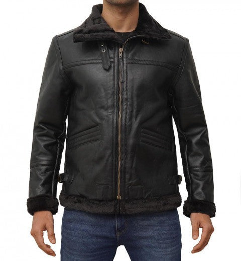  Classic Black Leather B3 Bomber Jacket for Men