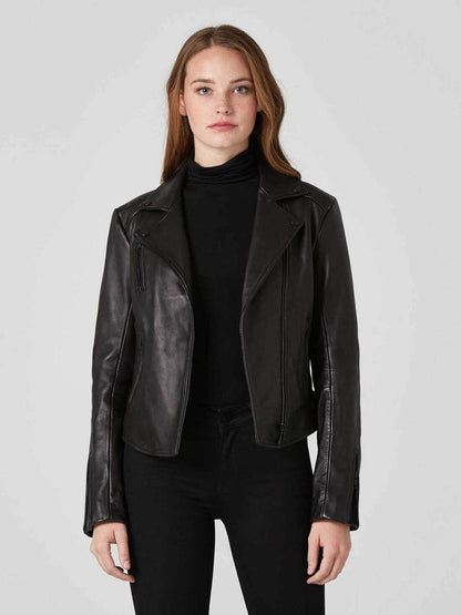 Women's Black Premium Sheepskin Shearling Leather Biker Jacket