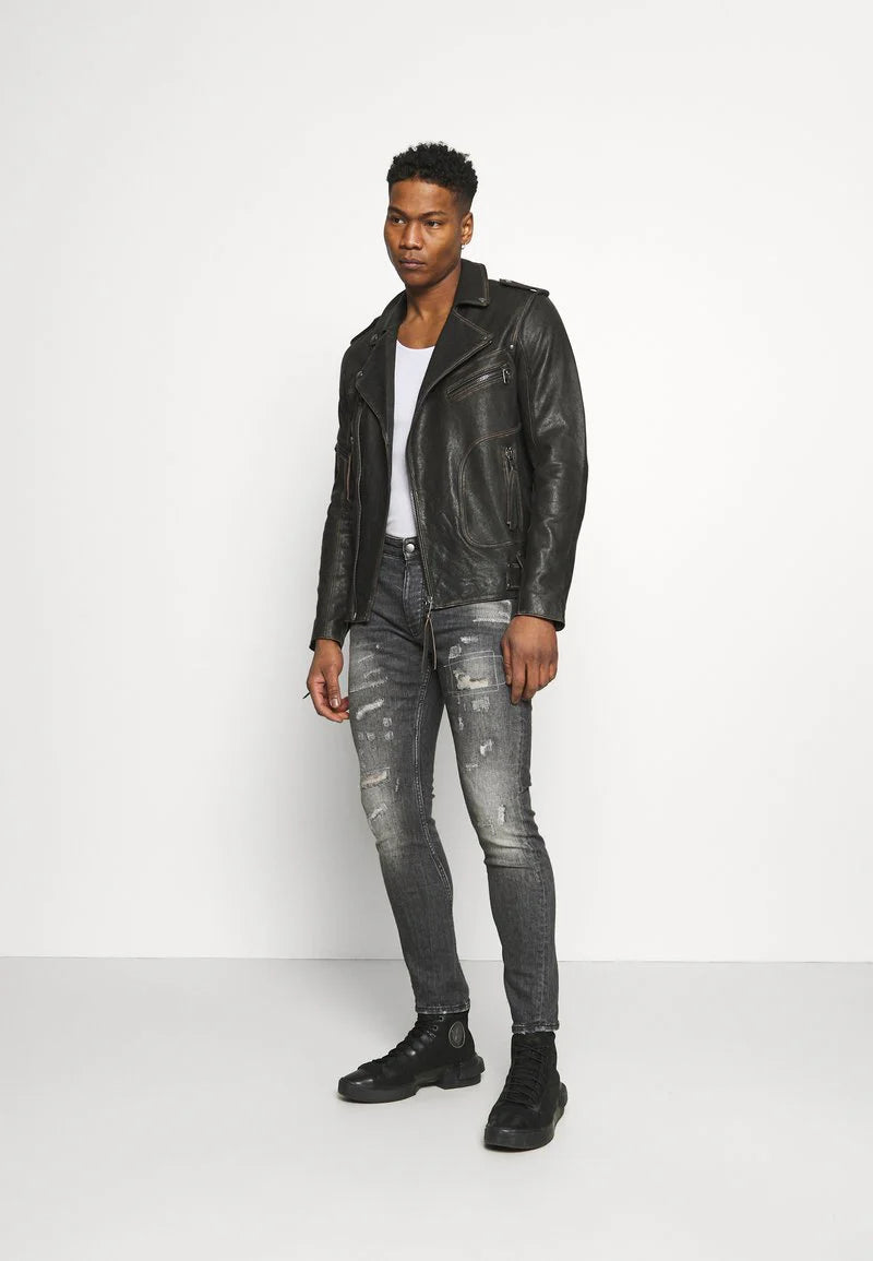 Black Leather Distressed Biker Jacket for Men