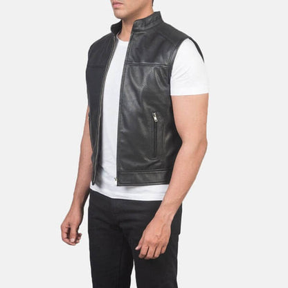 Classic Black Leather Motorcycle Vest for Men - Timeless Style