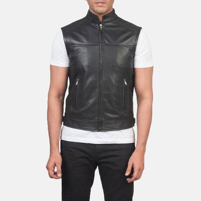 Classic Black Leather Motorcycle Vest for Men - Timeless Style