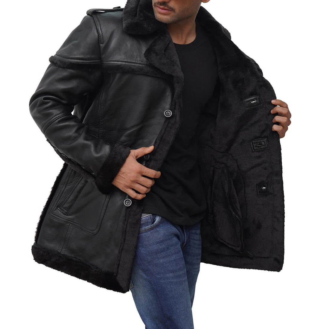 Black Long Shearling Coat Men's