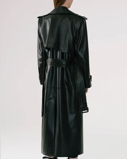 Women's Black Sheepskin Duster Leather Trench Coat