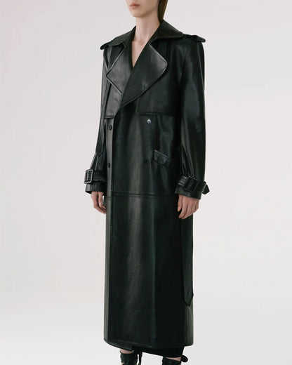 Women's Black Sheepskin Duster Leather Trench Coat