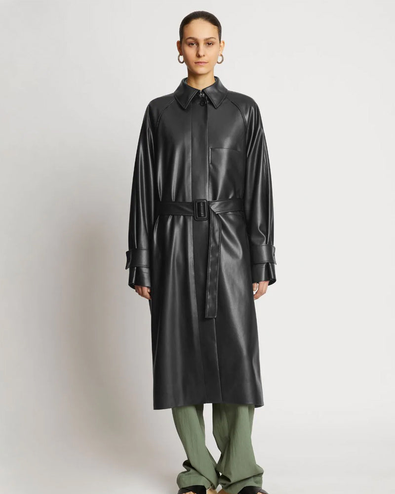 Women's Black Sheepskin Leather Plain Trench Coat