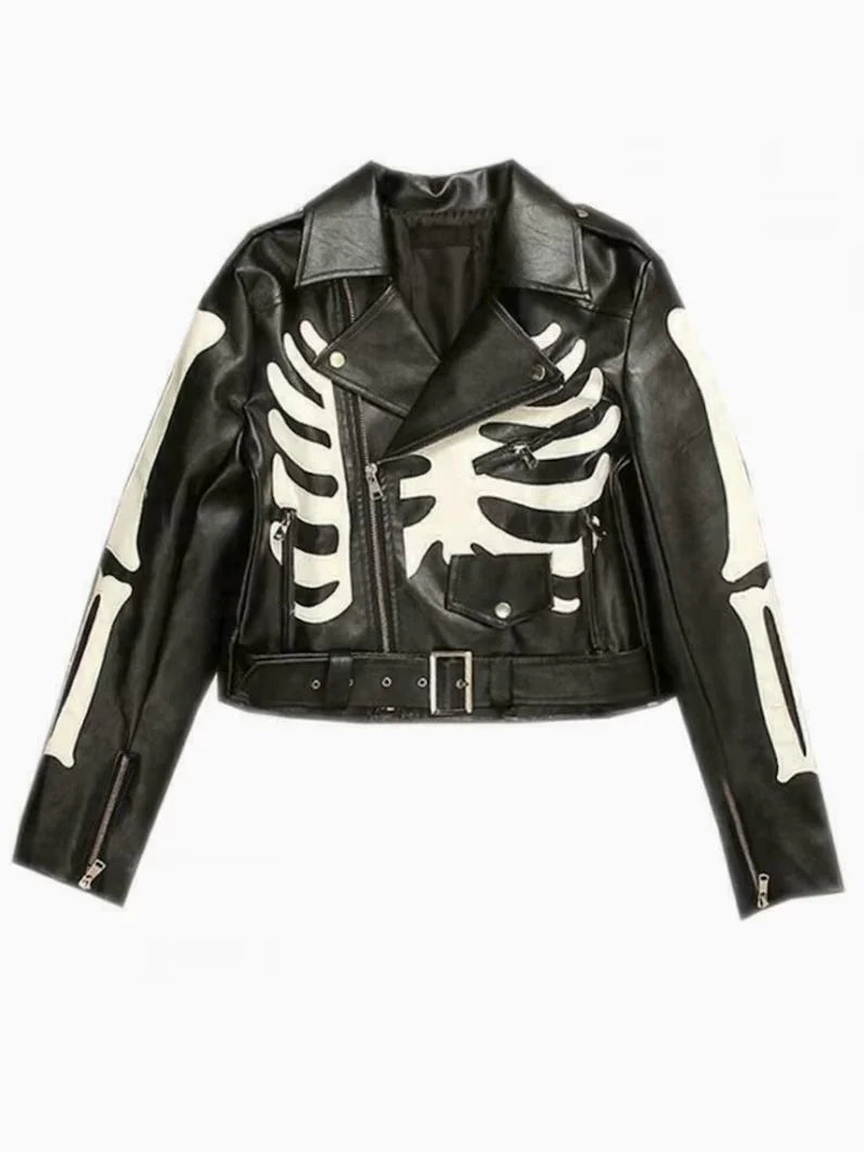 Black Skeleton Cowhide Leather Biker Jacket for Women