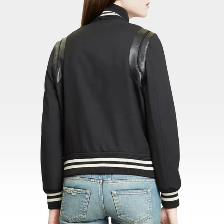 Black Varsity Bomber Jacket with Leather Trim