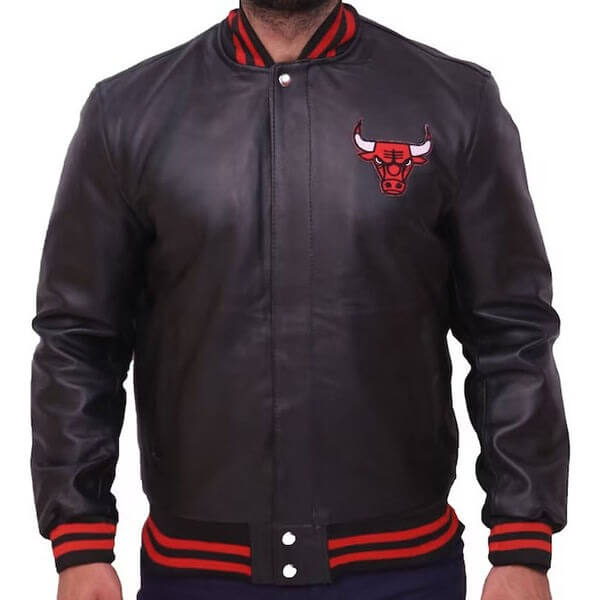 Black and Red Bull Letterman Baseball Varsity Jacket