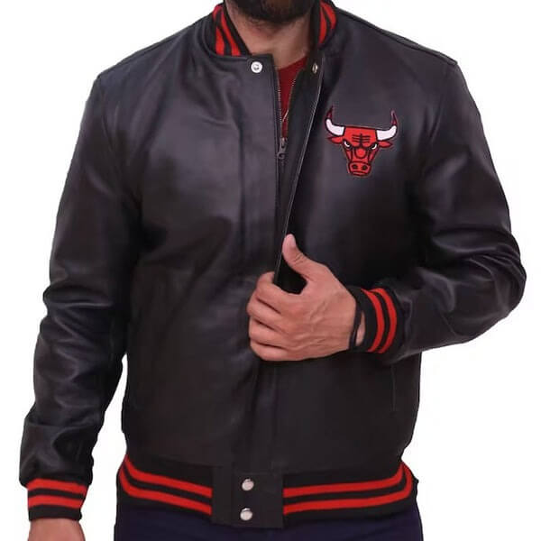 Black and Red Bull Letterman Baseball Varsity Jacket