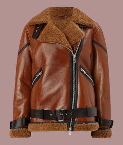 Women Rusty Brown Oversized Shearling Leather Jacket front faux Shearling Lining Real Shearling Lining.