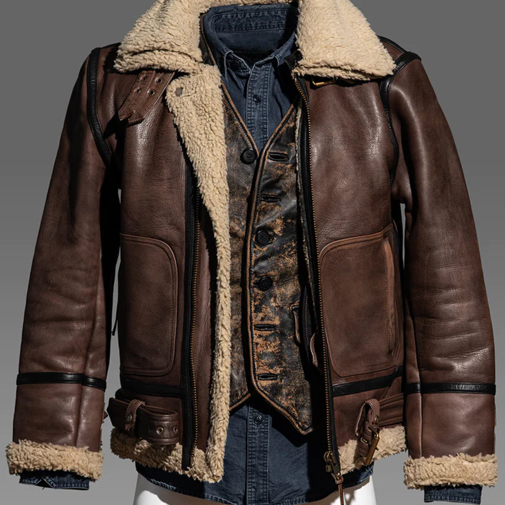 Brown Sheepskin Jacket For Men with Sherpa Lining