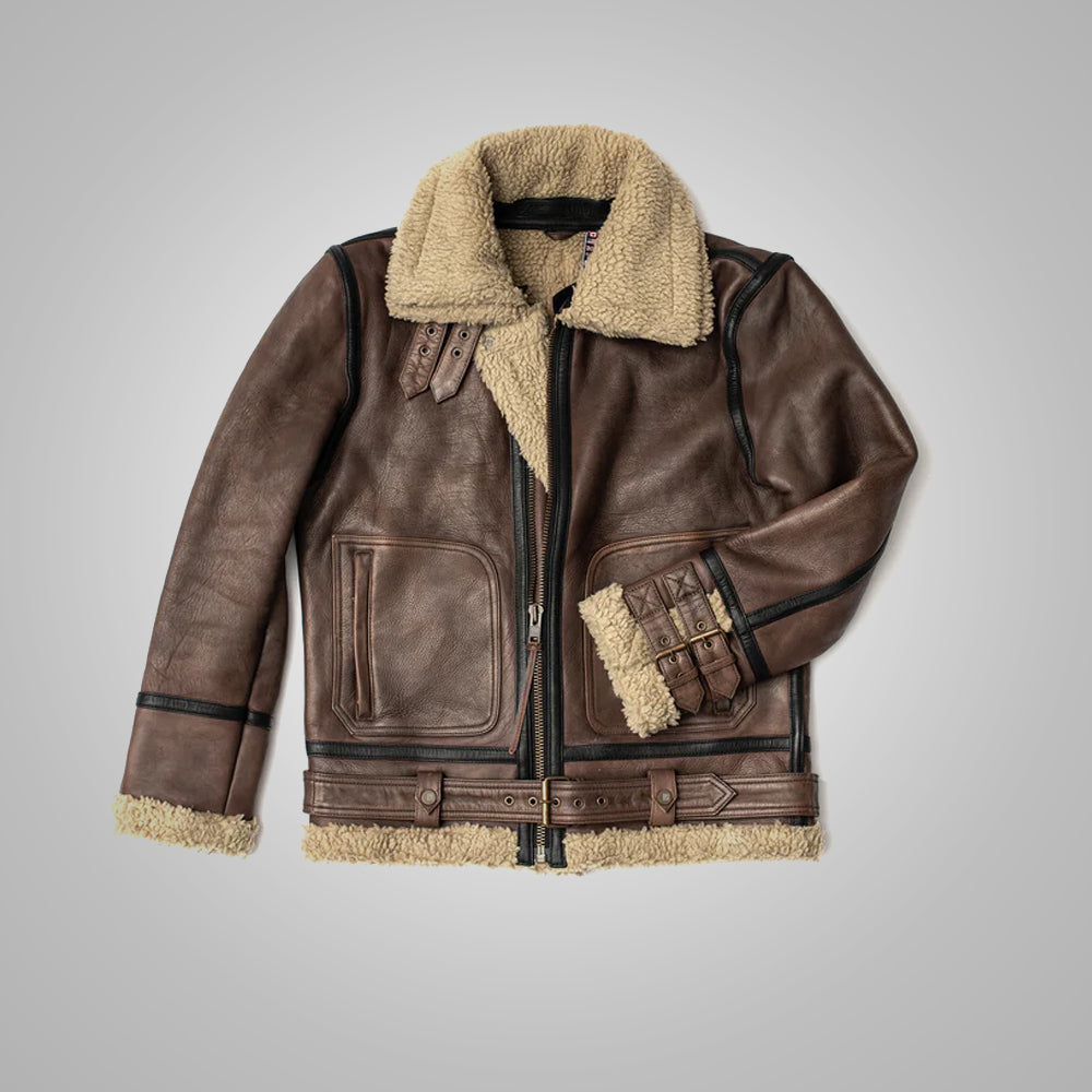 Brown Sheepskin Jacket For Men with Sherpa Lining