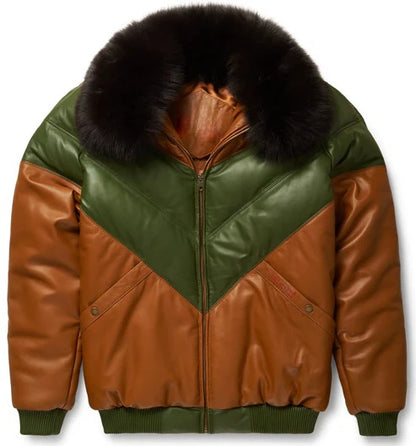 Brown & Green Leather V Bomber Jacket