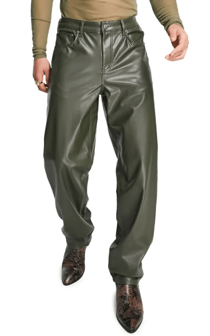 Stylish Men's Leather Pants in Khaki Green - Contemporary Comfort