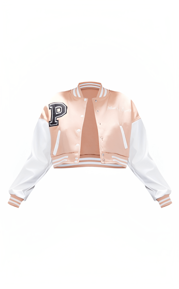 Women's Cropped Varsity Bomber Leather Jacket with Light Pink