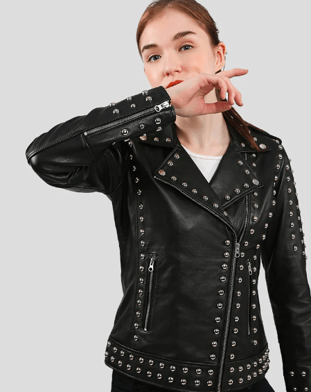 Women's Studded Leather Biker Jacket in Black - Edgy & Chic