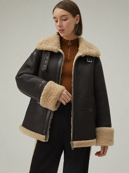 Women's Brown Shearling Leather Jacket In Matte Black