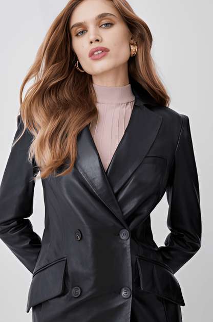 Elegant Women's Formal Leather Trench Coat - Black